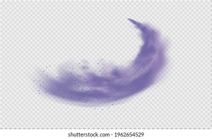 Purple dust or fog. Abstract purple powder explosion with particles. Violet smoke or dust isolated on light transparent background. Abstract mystical gas. Vector illustration