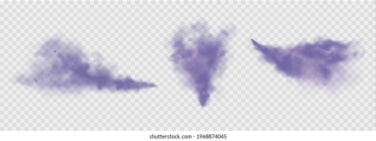 Purple dust or fog. Abstract purple powder explosion with particles. Violet smoke or dust isolated on light transparent background. Abstract mystical gas. Vector illustration