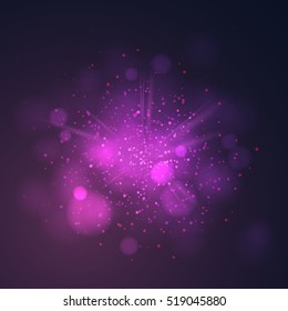 Purple dust vector firework explosion. Abstract Holiday Light Rays. Vector Illustration.