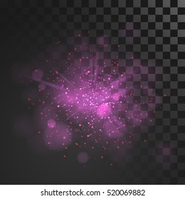 Purple dust vector firework explosion. Abstract Holiday Light Rays. Isolated on transparent background. Vector Illustration.