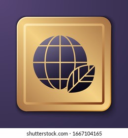 Purple Earth globe and leaf icon isolated on purple background. World or Earth sign. Geometric shapes. Environmental concept. Gold square button. Vector Illustration