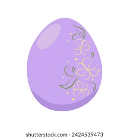 Purple Easter egg decorated with spring flower arrangement. Vector drawing isolated on white background. Holiday tradition, gift, spring colors