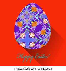 Purple Easter egg with floral ornaments, text  on an orange    background. Hand drawn. 