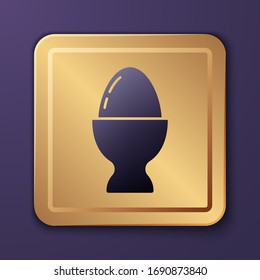 Purple Easter egg on a stand icon isolated on purple background. Happy Easter. Gold square button. Vector Illustration