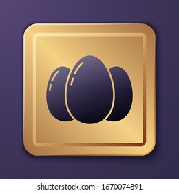 Purple Easter eggs icon isolated on purple background. Happy Easter. Gold square button. Vector Illustration