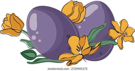 purple Easter eggs with yellow tulip buds near them, for holiday printing, cards or textiles