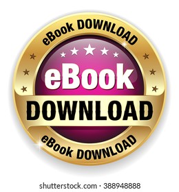 Purple ebook download badge with gold border on white background