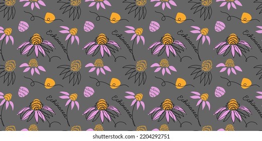 Purple echinacea, coneflower seamless vector pattern. One continuous line art drawing pattern with echinacea flower.