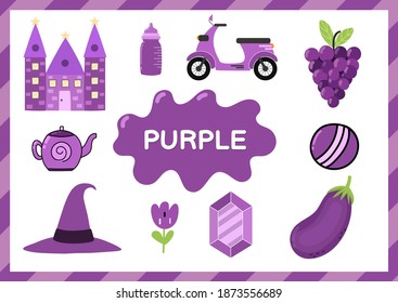 Purple. Educational worksheet for kids. Learning the color purple set. Activity page with main color for toddlers. Vector illustration