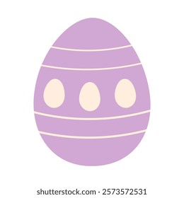 A purple egg with a white stripe and three white dots on it. The egg is sitting on a white background