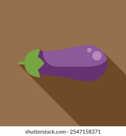 Purple eggplant is lying on a brown surface, casting a long shadow