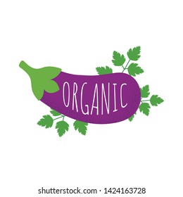 Purple eggplant vegetable in flat style isolated on white background. Eco organic food concept. Vector illustration.