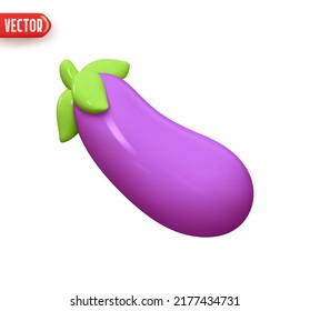 Purple eggplant vegetable. Realistic 3d design element In plastic cartoon style. Icon isolated on white background. Vector illustration