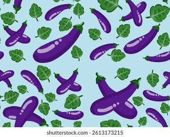 Purple eggplants and leaves seamless pattern. Hand drawn vector illustration on blue background