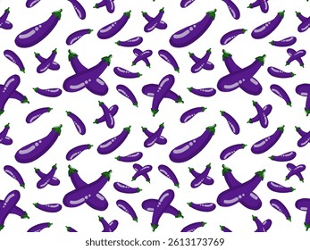 Purple eggplants seamless pattern. Hand drawn vector illustration on white background