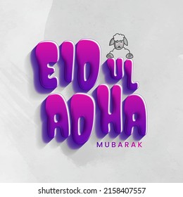 Purple Eid Ul Adha Mubarak Font With Cartoon Sheep On Gray Background.