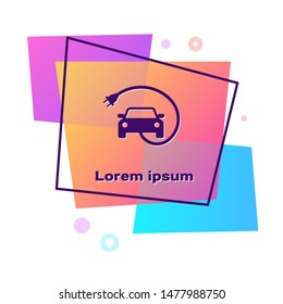 Purple Electric car and electrical cable plug charging icon isolated on white background. Renewable eco technologies. Color rectangle button. Vector Illustration