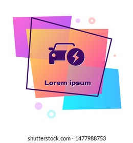 Purple Electric car and electrical cable plug charging icon isolated on white background. Renewable eco technologies. Color rectangle button. Vector Illustration