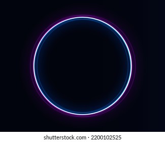 Purple electric light for banner. Round circle picture frame with two tone neon color shade motion graphic. Violet light moving. Pink, blue glow rings. Glowing neon line in form circular path. Vector.