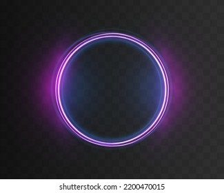 Purple electric light for banner. Round circle picture frame with two tone neon color shade motion graphic. Violet light moving. Pink, blue glow rings. Glowing neon line in form circular path. Vector.