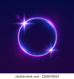 Purple Electric Light For Banner. Round Circle Picture Frame With Two Tone Neon Color Shade Motion Graphic. Violet Light Moving. Pink, Blue Glow Rings. Glowing Neon Line In Form Circular Path. Vector.