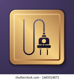 Purple Electric plug icon isolated on purple background. Concept of connection and disconnection of the electricity. Gold square button. Vector Illustration