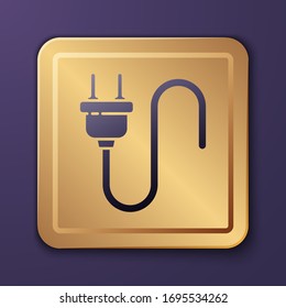 Purple Electric plug icon isolated on purple background. Concept of connection and disconnection of the electricity. Gold square button. Vector Illustration