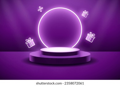 Purple electro podium with neon lights and neon gift for product display, mega sale, discounts, sales, promotions, black friday and cyber monday. Neon podium banner.