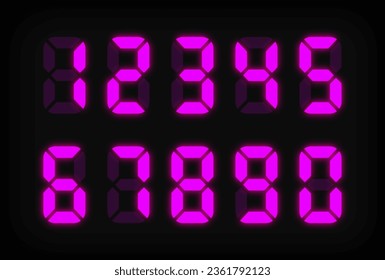 Purple electronic numbers on black background. LED clock. Digital Watch. Electronic dial. Digital alarm clock. Vector illustration