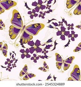 Patrón floral y mariposa elegante púrpura con adornos de oro, tela, Fondo de pantalla y envoltura de regalo, Populares en Japón y Europa, mariposas y plantas, vegetación estacional