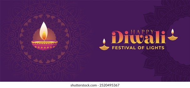 Purple Elegant Happy Diwali Festival 2024 Banner with Diya and Rangoli Decoration. Deepavali "Festival of Lights" Holiday Background, Banner, Template, Poster, Greeting, Sale, Vector Illustration. 