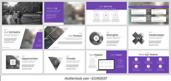 Elementos púrpura para infografías sobre un fondo blanco. Plantillas de presentación. Uso en volante y folleto, informe corporativo, marketing, publicidad, informe anual, banner.