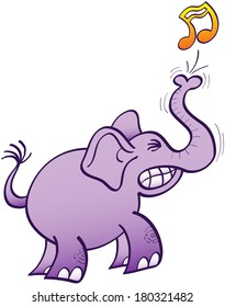 Purple elephant clenching its teeth and making a big effort to blow a musical note with its powerful trunk