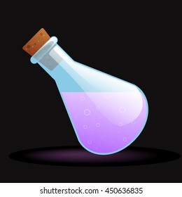 Purple elixir in the bottle with stopper game icon. Vector design in cartoon style for app user interface