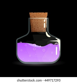 Purple elixir in the glass bottle with stopper game icon. Vector design for app user interface