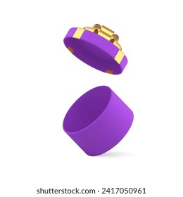 Purple empty circle gift box with open flying lid and golden bow ribbon 3d icon realistic vector