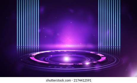 Purple empty scene with blue line neon lamps on background and pink digital podium with hologram of digital rings in dark room - Shutterstock ID 2174412591