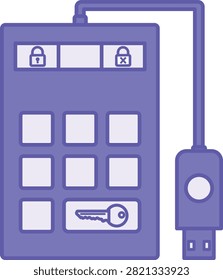 Purple Encrypted Hard Drive Icon. Vector Illustration. A Drive With all Files Converted Into a Complex Secret Code Using Mathematical Rules. Lock, Key, and USB. Digital Forensics and Cyber ​​Detective Concept
