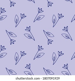 Púrpura sin costuras con flores y ramas de Doodle. Ilustración del contorno del vector. Antecedentes de textiles, prendas de vestir, cubiertas, decoración interior para niñas