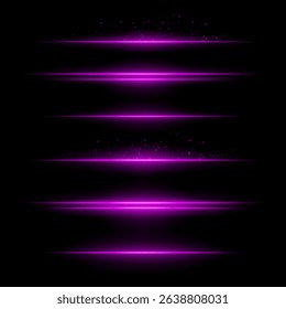 Purple energy lines. Glowing horizontal streaks with particle sparks above and below lines. Dark background adds contrast. Suitable for sci-fi, fire, energy, tech visuals.