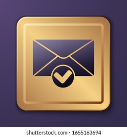 Purple Envelope and check mark icon isolated on purple background. Successful e-mail delivery, email delivery confirmation. Gold square button. Vector Illustration