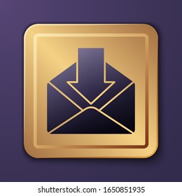Purple Envelope icon isolated on purple background. Received message concept. New, email incoming message, sms. Mail delivery service. Gold square button. Vector Illustration