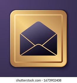 Purple Envelope icon isolated on purple background. Email message letter symbol. Gold square button. Vector Illustration