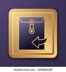 Purple Envelope icon isolated on purple background. Received message concept. New, email incoming message, sms. Mail delivery service. Gold square button. Vector Illustration