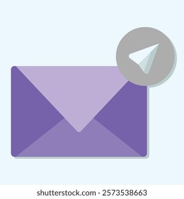 A purple envelope with a send icon on a light blue background for email concept