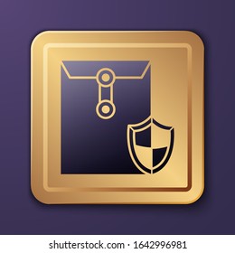 Purple Envelope with shield icon isolated on purple background. Insurance concept. Security, safety, protection, protect concept. Gold square button. Vector Illustration