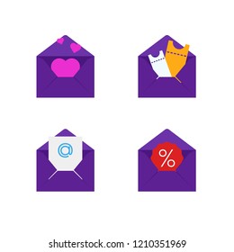Purple envelopes. Mail with different notifications. Mail alert. Vector letters.