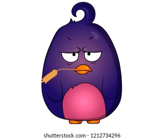 Purple evil bird with wheat in its beak.