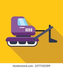 Purple excavator digging on a construction site, with its arm outstretched and a long shadow cast on the yellow background