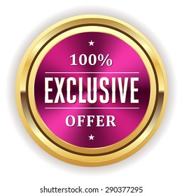 Purple exclusive offer seal with gold border on white background